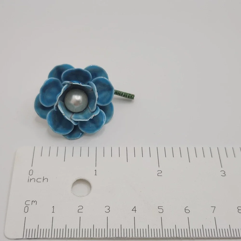 Vintage Blue Enamel Flower Brooch Mod Pop Art 60s Flower Power Faux Pearl Pin